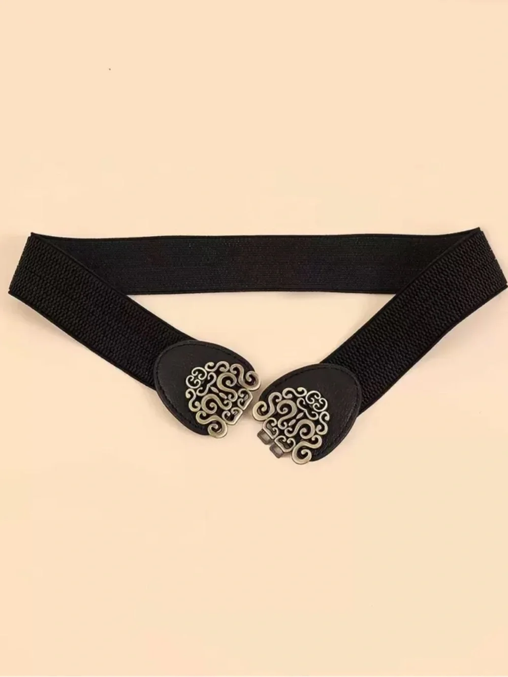 Black Elastic Waist Belt with Decorative Gold Buckle